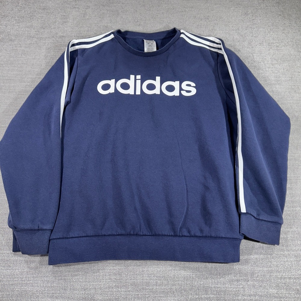 Adidas Sweatshirt Mens Large Navy Blue Excellent 3-Stripes Pullover Crewneck